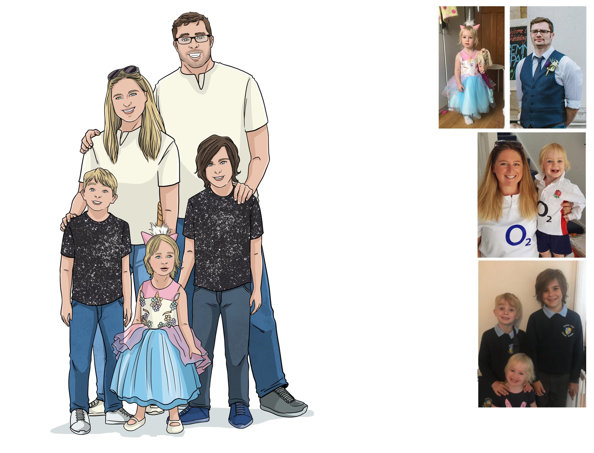 Custom Family Portrait With Pets - Anniversary Cartoon Drawing - Portrait Drawn from Photos - Make Me A Comic Ltd
